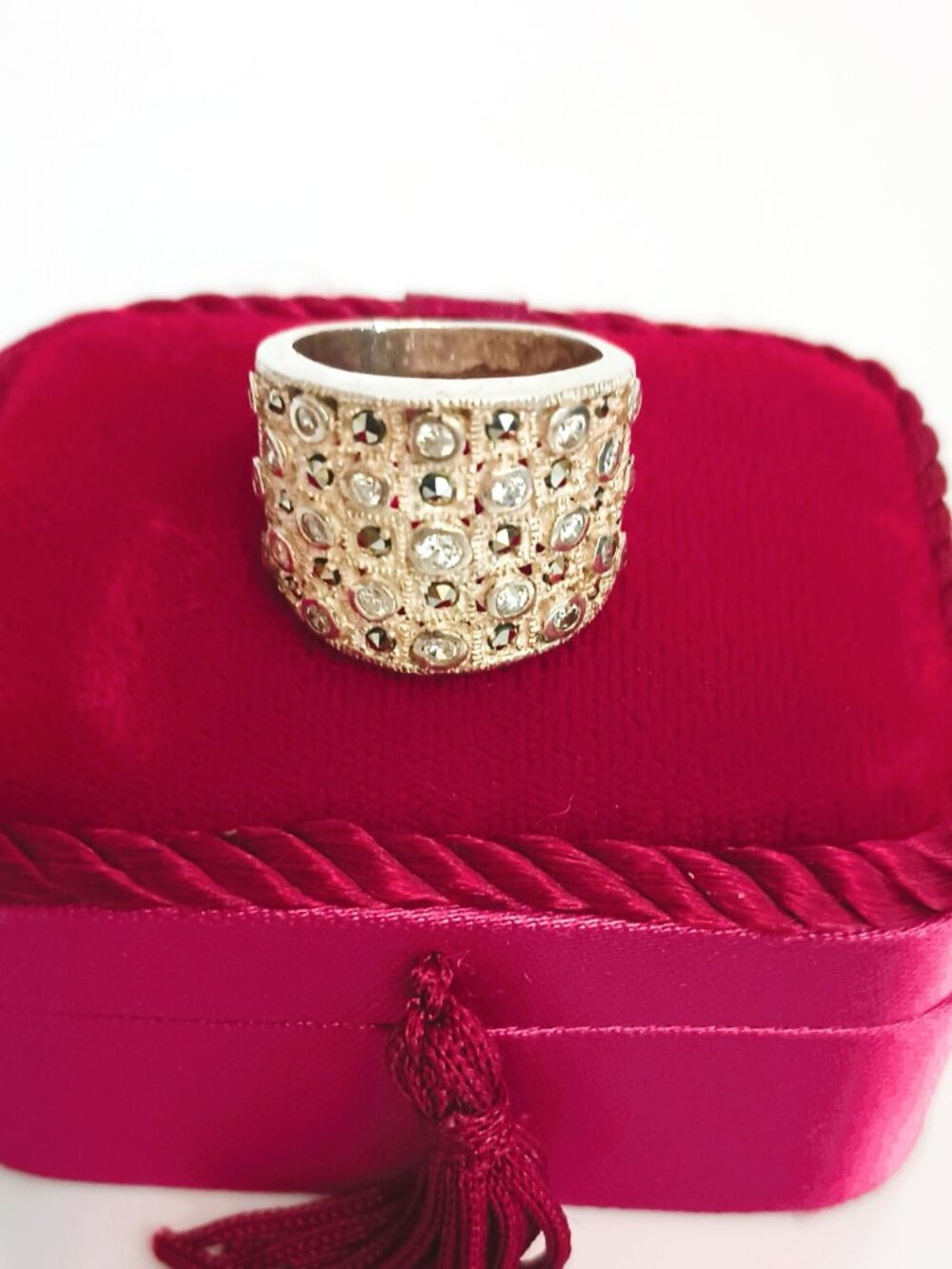 DBJ 925 CZ & Marcasite Ring 6 Vintage Sterling Silver Chunky Boho Wide Band